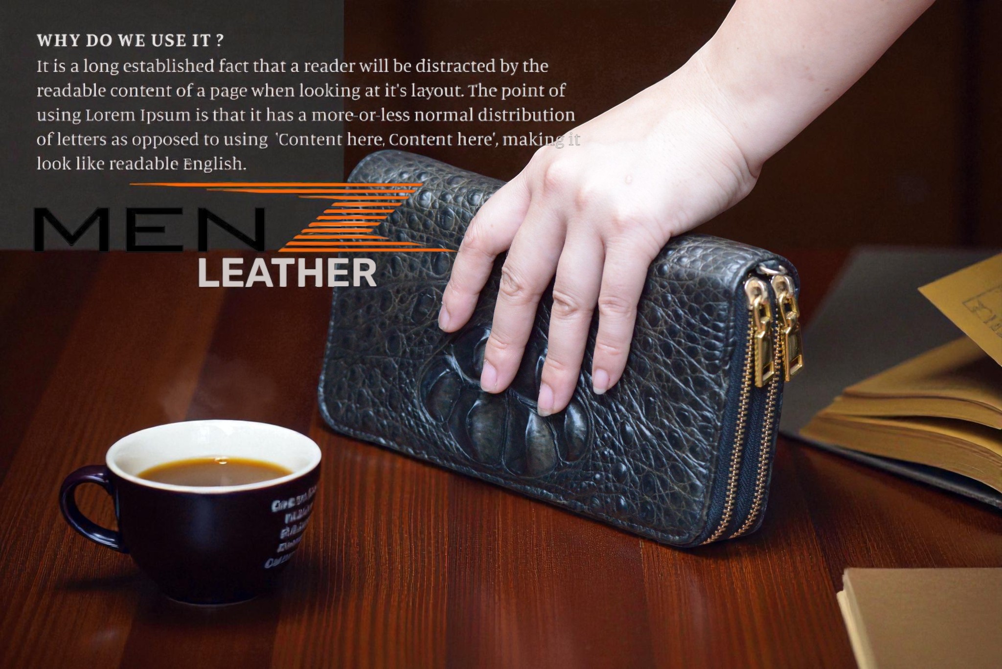 Ví cầm tay da cá sấu thật 2 khóa màu đen MenZ