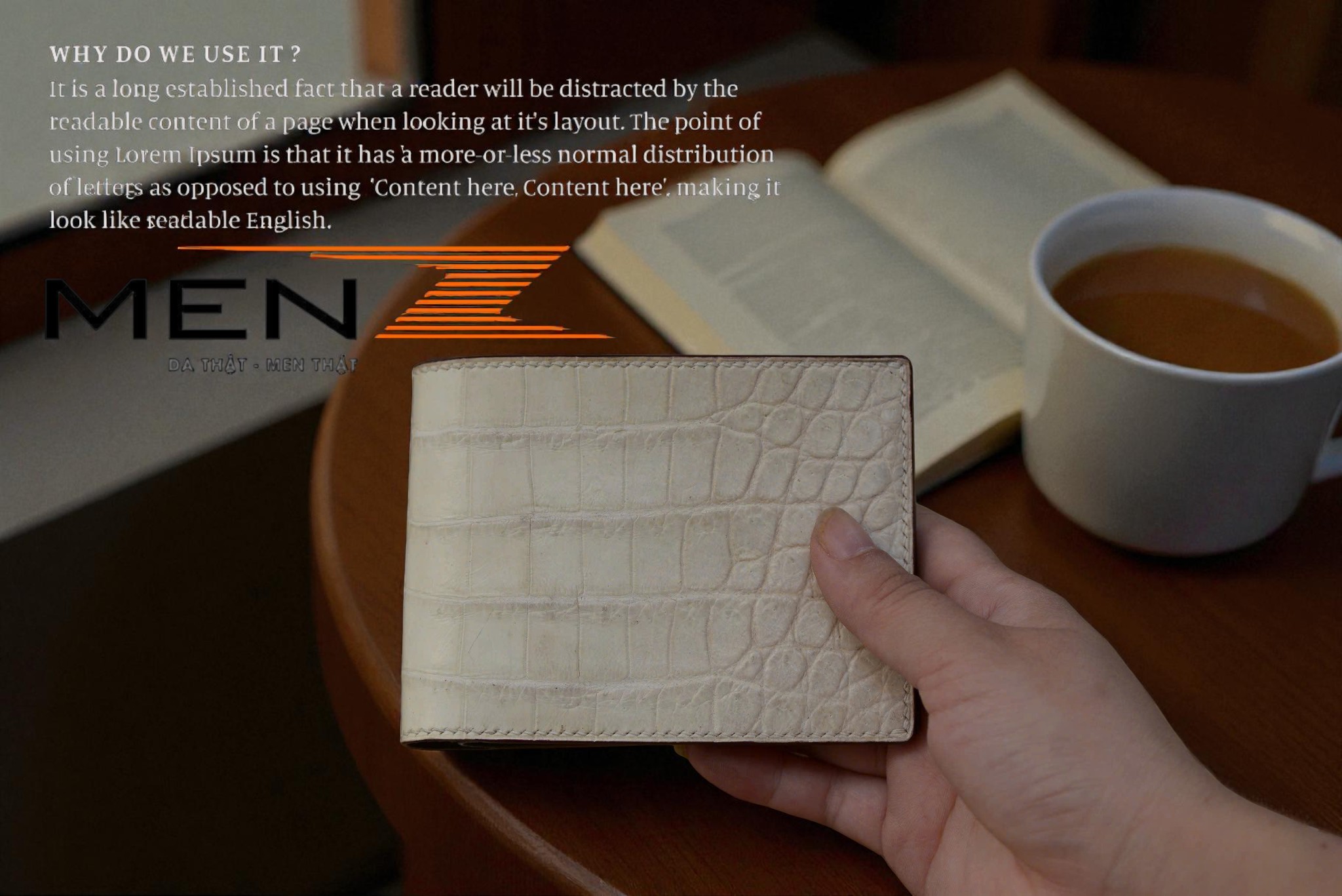 ví da cá sấu bạch tạng ngang khâu tay thủ công menz