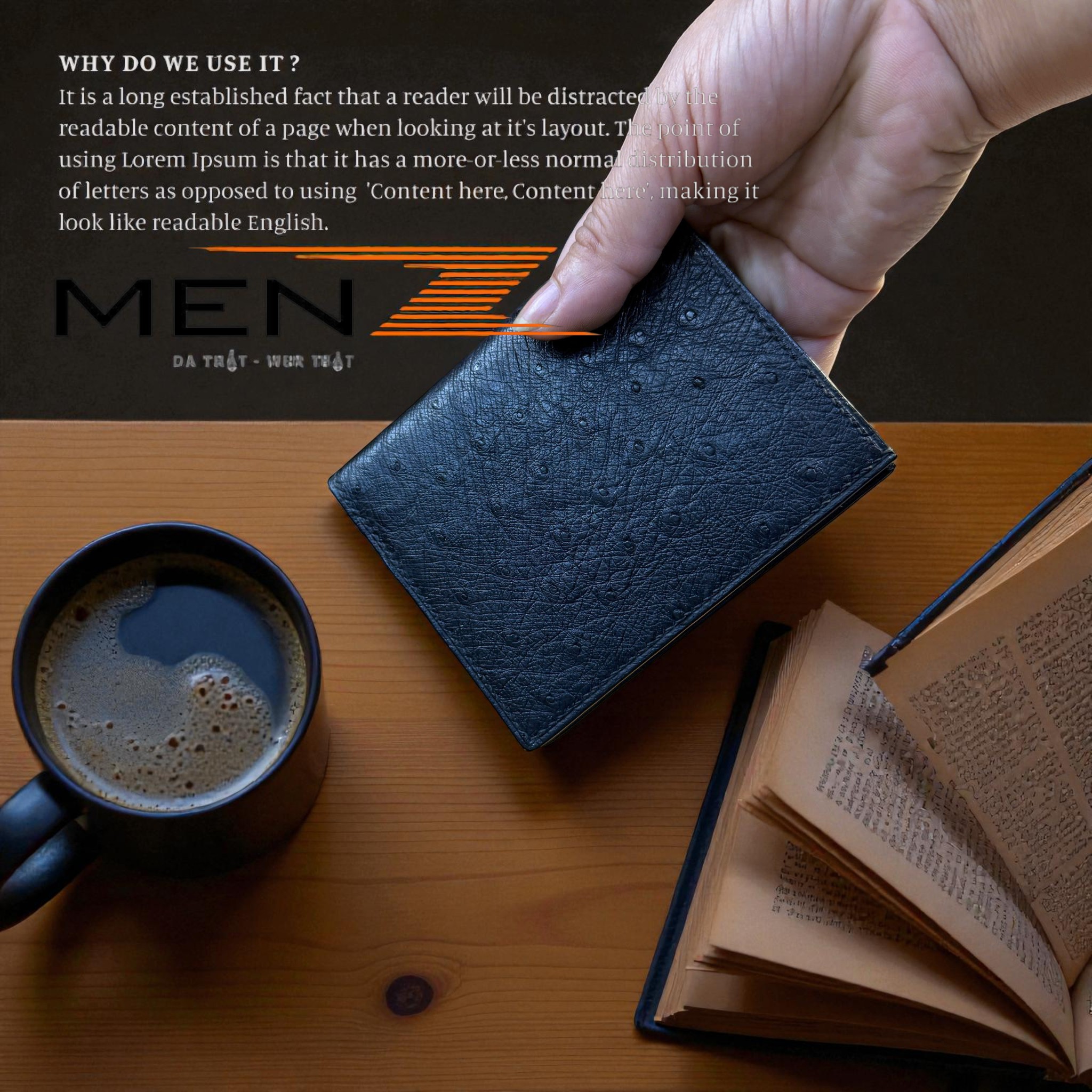 ví đứng nam da đà điểu khâu tay thủ công hàng hiệu menz