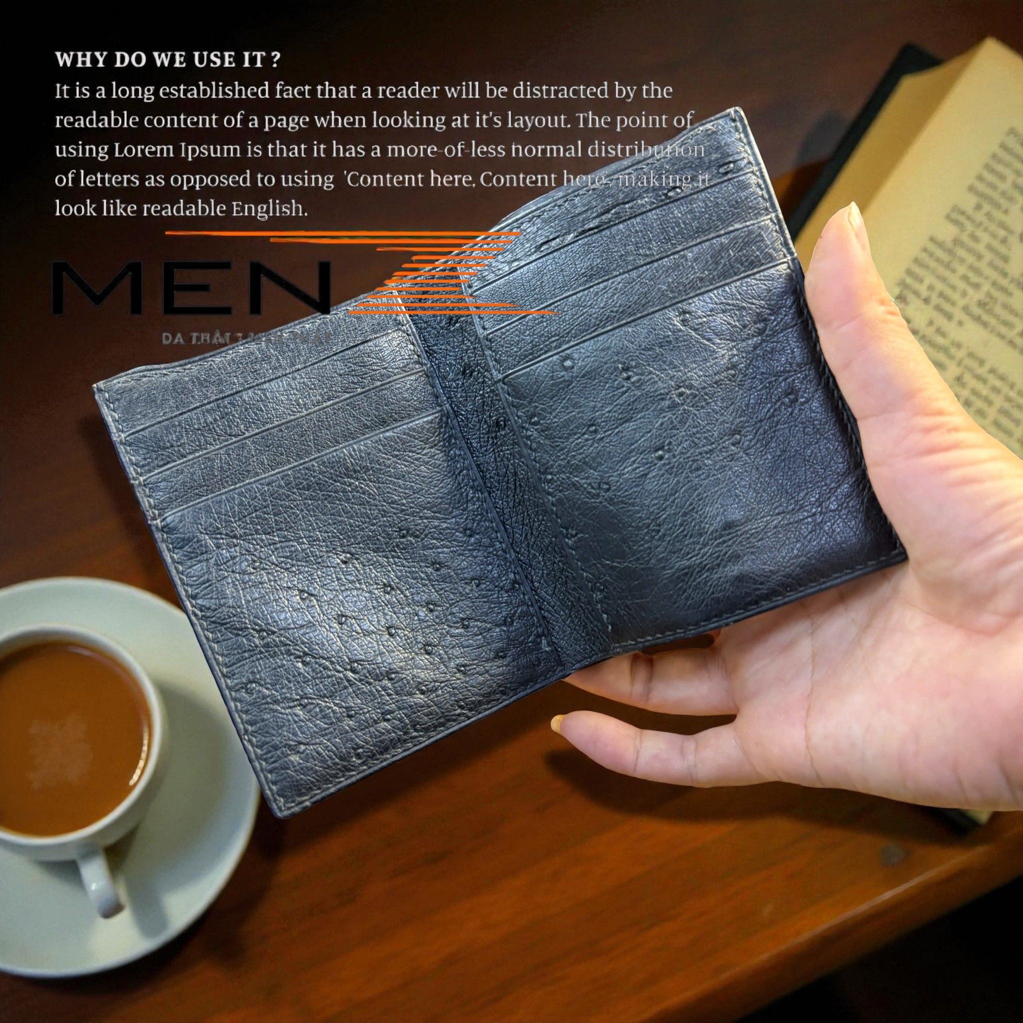 ví da nam kiểu đứng da đà điểu handmade