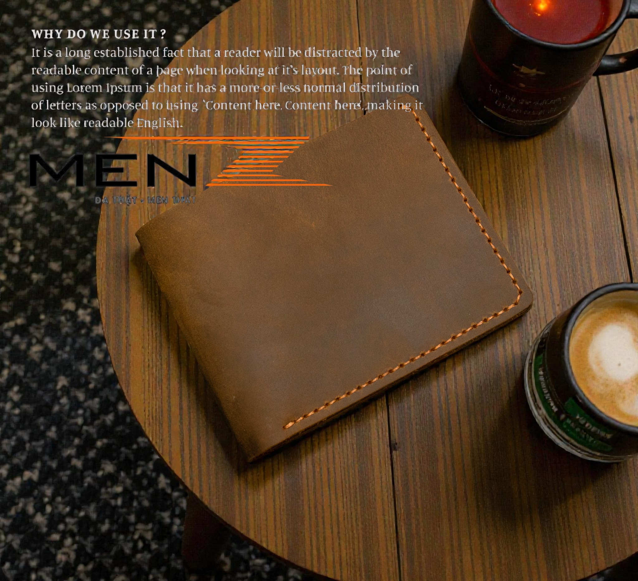 Ví ngang da bò sáp MenZ khâu tay mặt trước