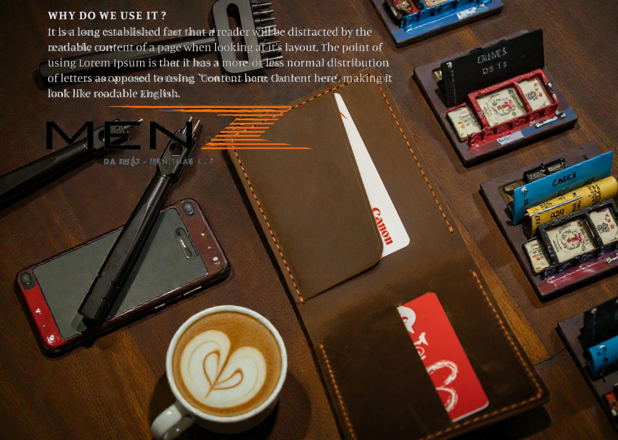 Mặt trong ví nam ngang handmade MenZ, hiển thị 2 ngăn ATM