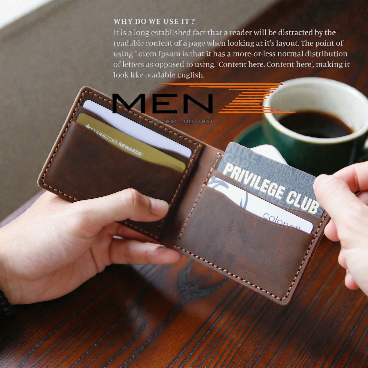 Nội thất ví da nam da sáp với 6 ngăn ATM