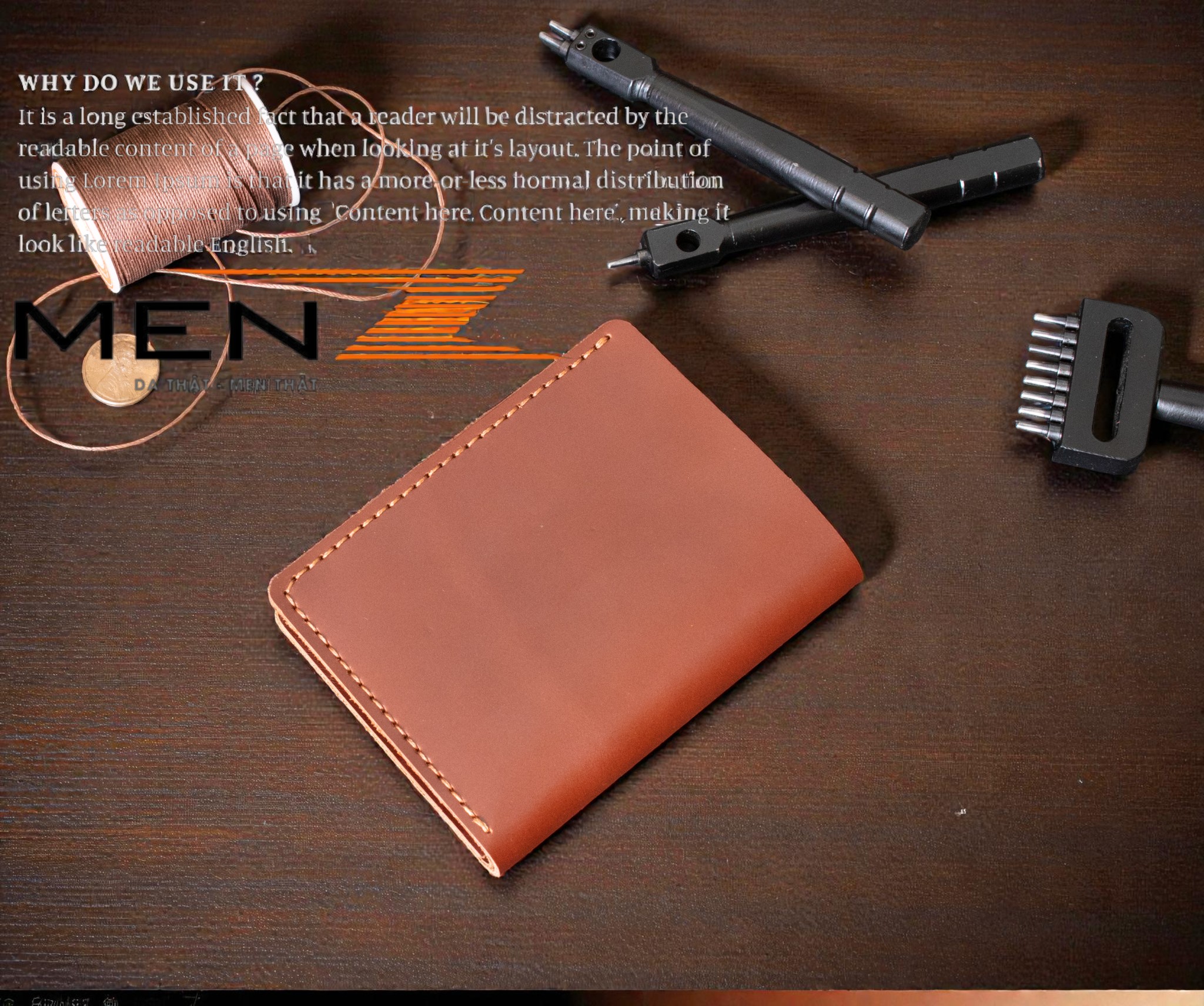 Chi tiết đường khâu yên ngựa của ví nam da pullup.