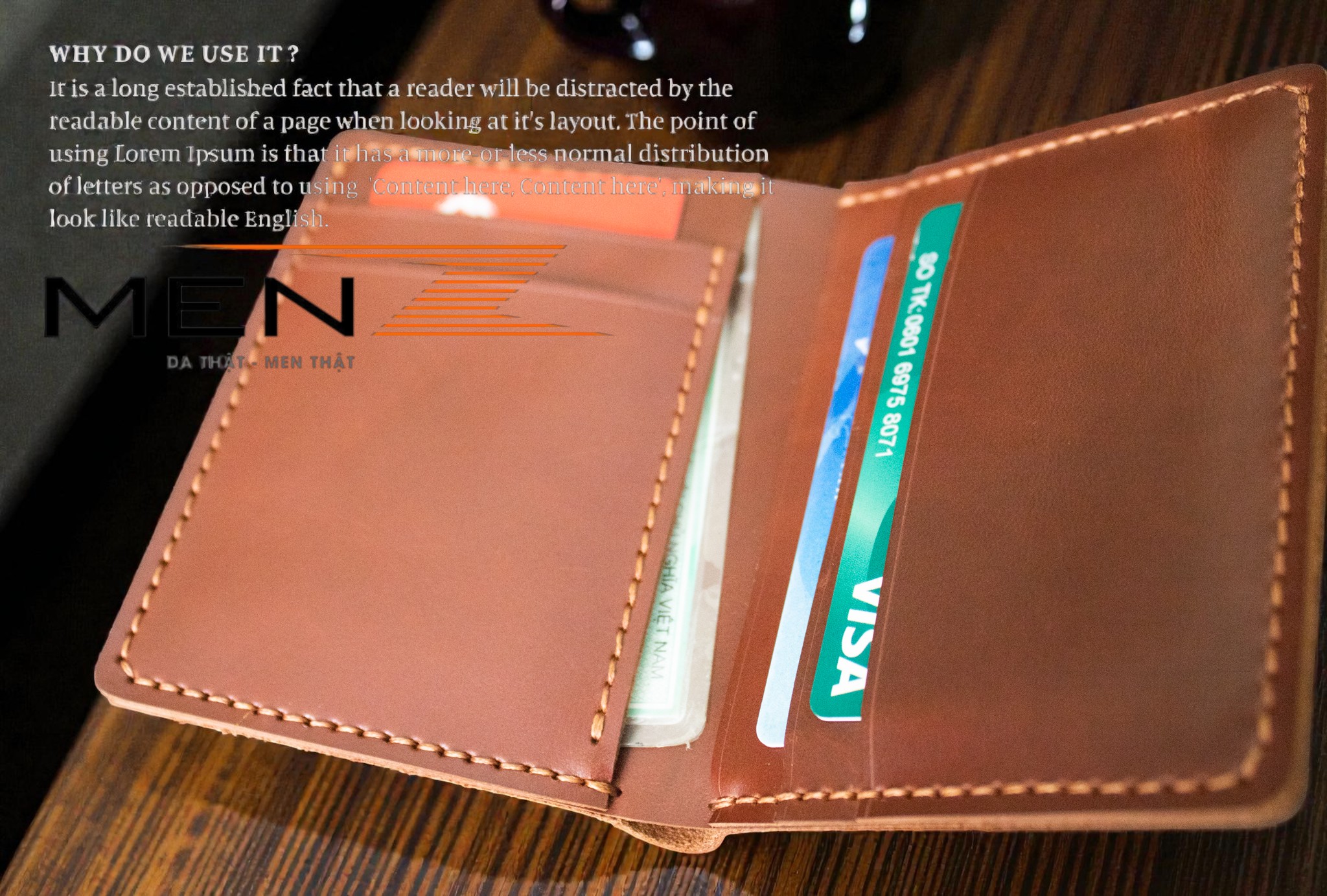 ví da nam kiểu đứng da pullup khâu tay thủ công