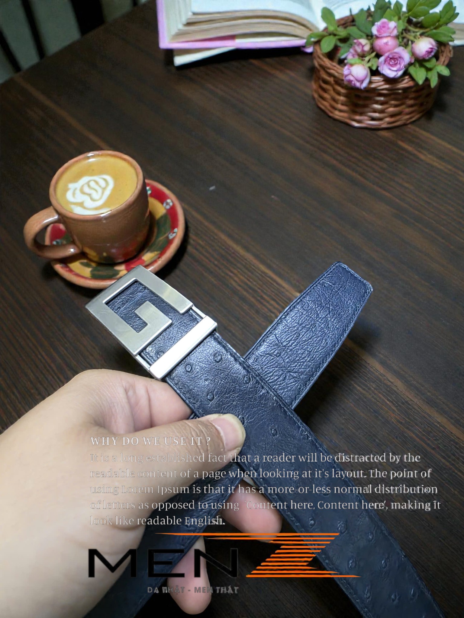 chân dung thắt lưng da đà điểu khâu tay