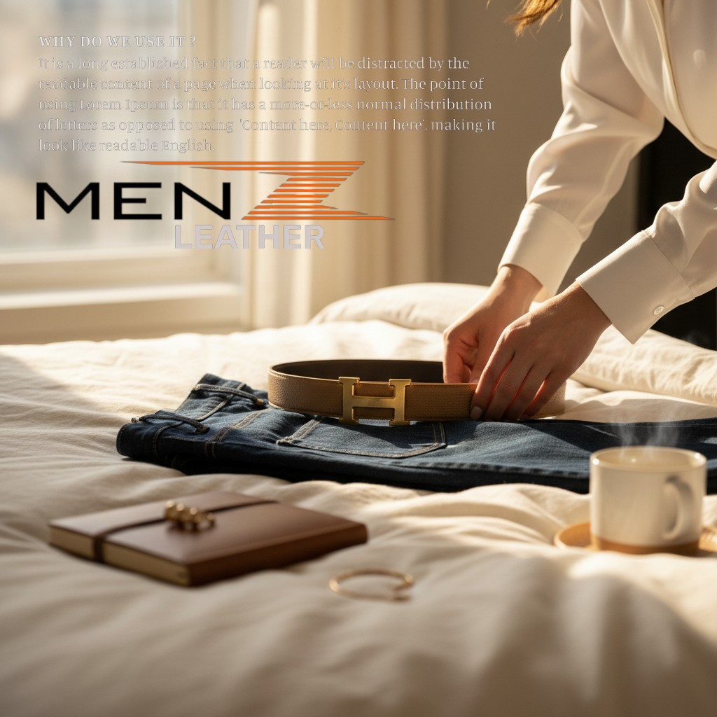 Hình ảnh chi tiết logo MenZ dập trên thắt lưng nam da Togo